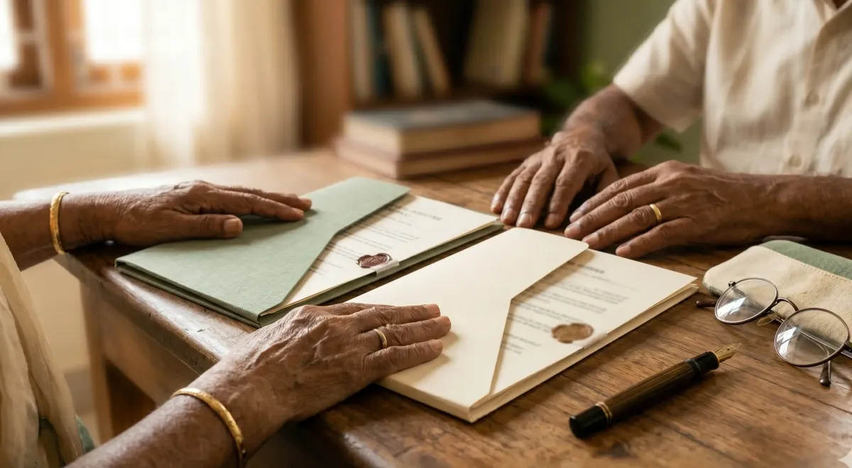 Two documents and a pen on a desk, representing a property will and a living will