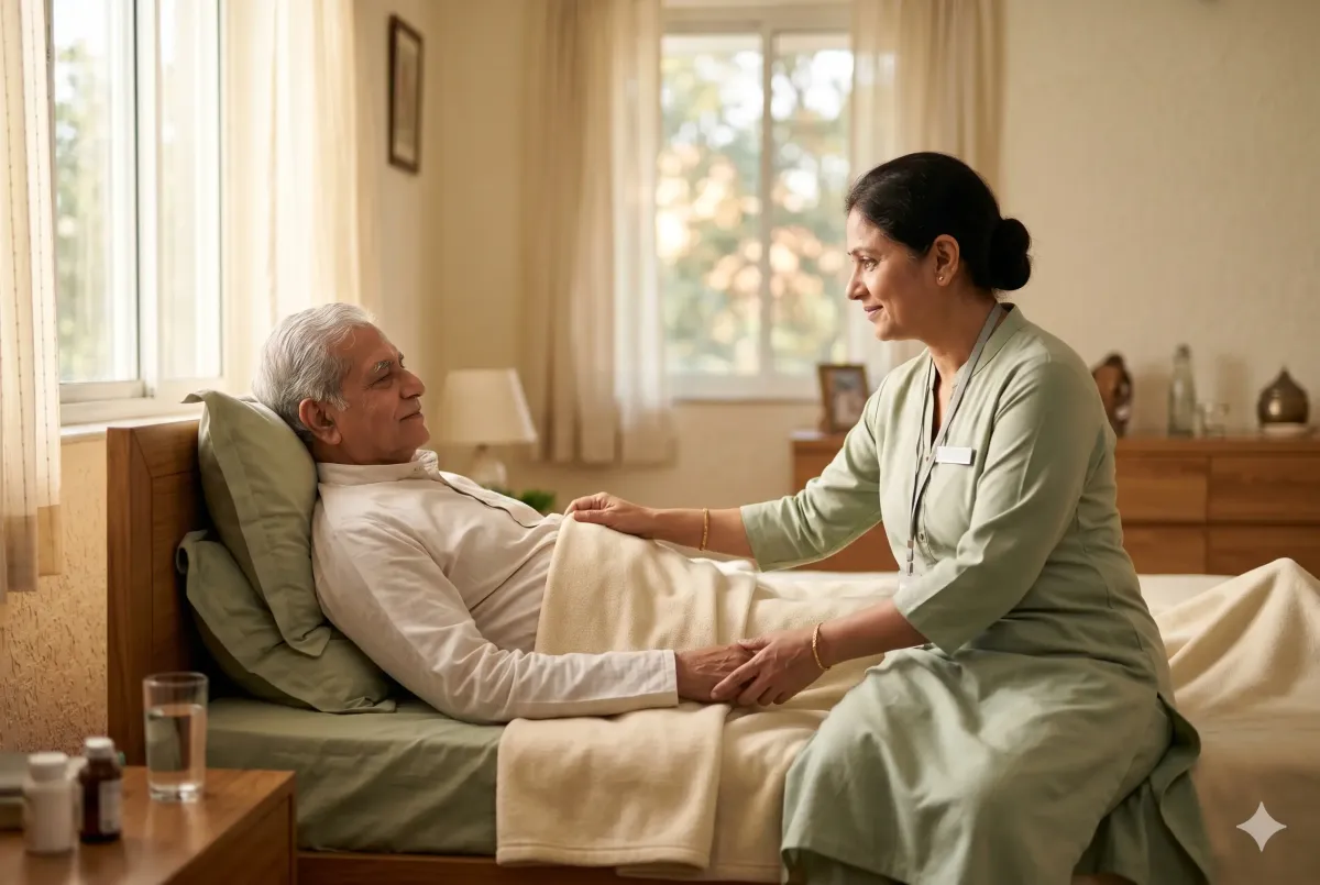 An adult child holding hands with an elderly parent in a warm, calm conversation